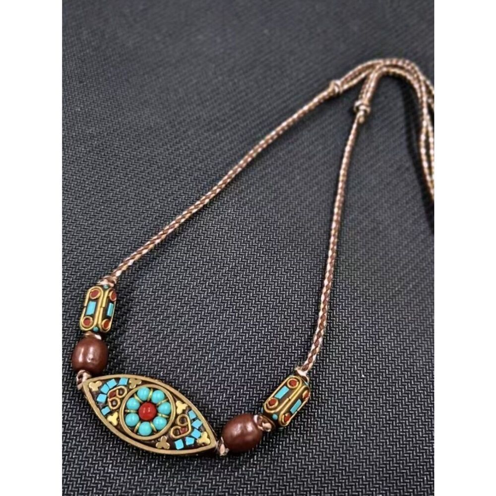 NWT Nepalese Bead Pendant Adjustable Braided Two-Tone Cord Necklace